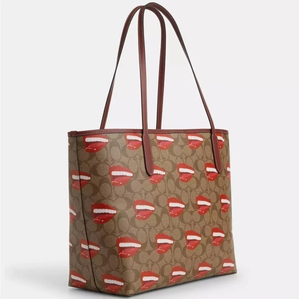 Coach Tom Wesselmann City Tote Bag Signature Canvas Smile Mouth Lips Teeth Print